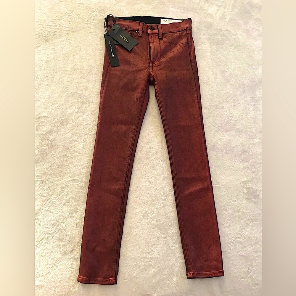 NWT Rag & Bone/Tech Jeans Sz 24 High-Rise Red Metallic Ankle Length Skinny $250